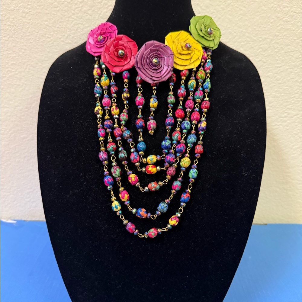 Artesanal Multicolor Floral Cascade Layered Necklace